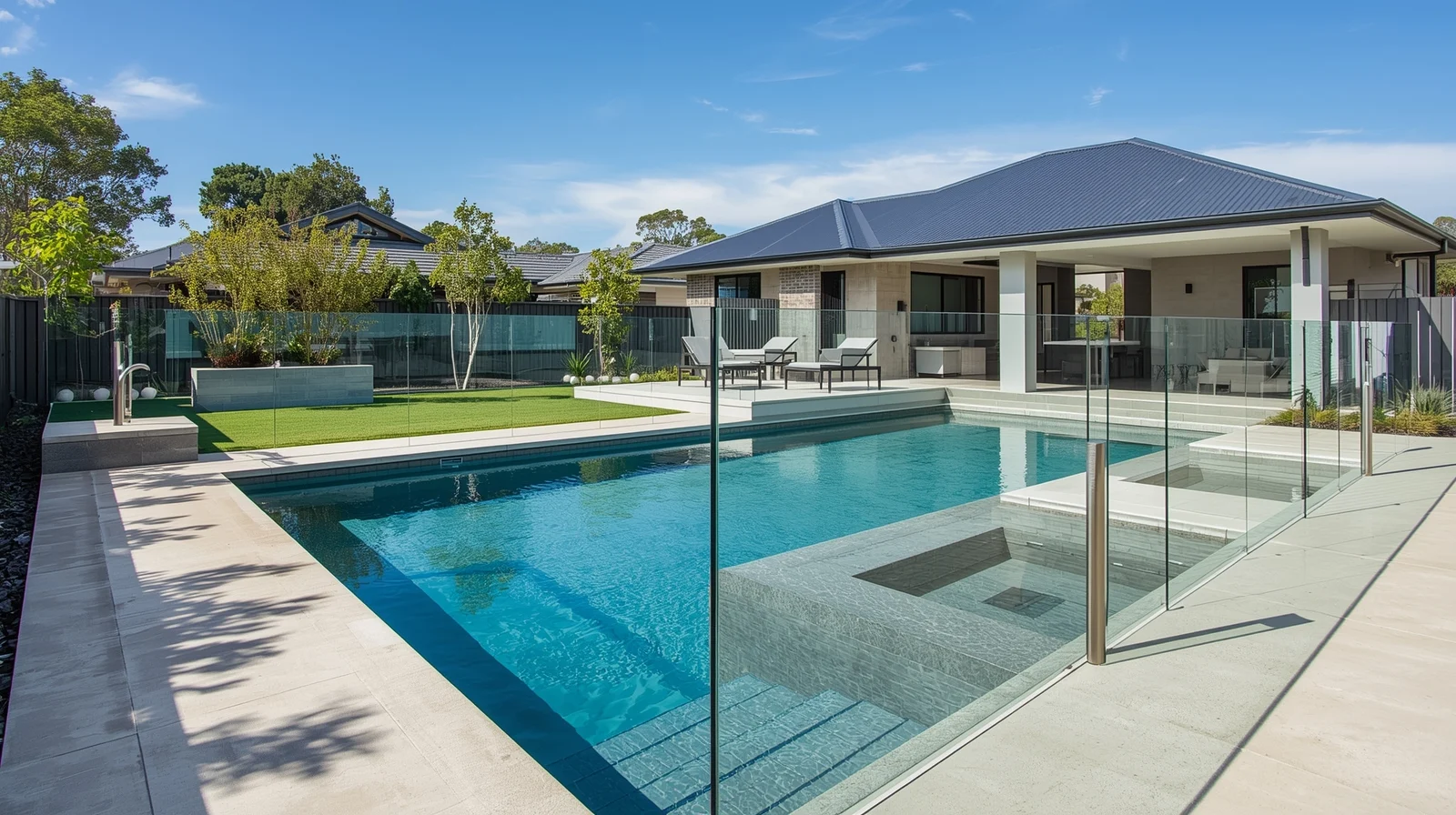 Modern backyard with a frameless glass pool fence surrounding a clear blue swimming pool, showcasing a stylish and safe outdoor design — perfect example for choosing the perfect glass for pool fencing.