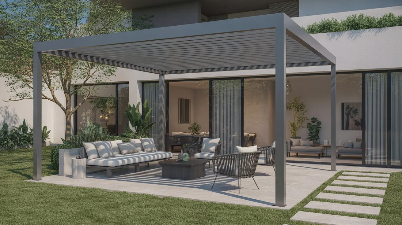 Modern backyard featuring a sleek metal pergola providing shade over an outdoor lounge area, showcasing the benefits of a pergola for stylish outdoor living.