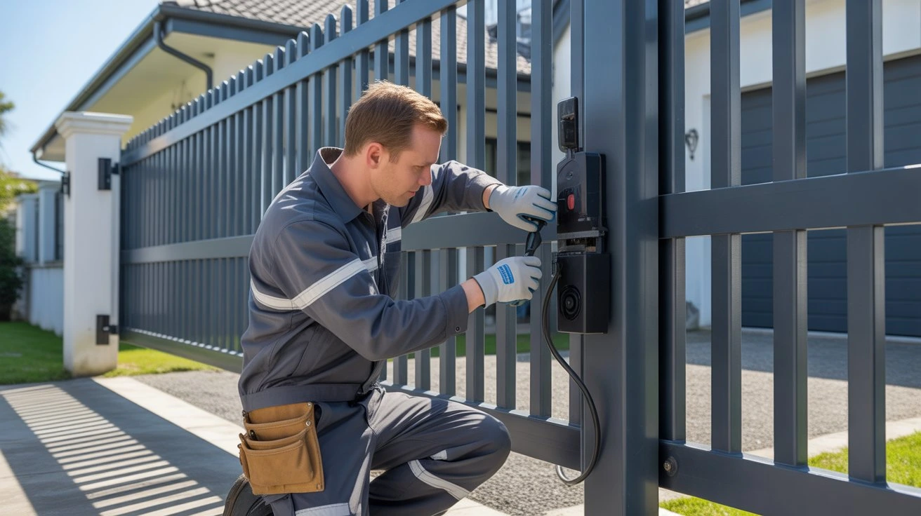 A technician repairing an electric driveway gate opener outside a modern home, performing maintenance for smooth gate operation.