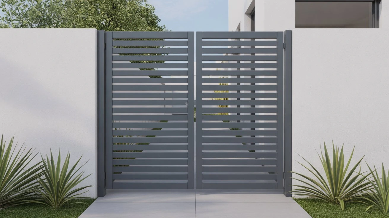 Modern aluminium slat side gate in matte grey finish installed beside a white wall, enhancing the contemporary exterior of a new home with clean, stylish design.