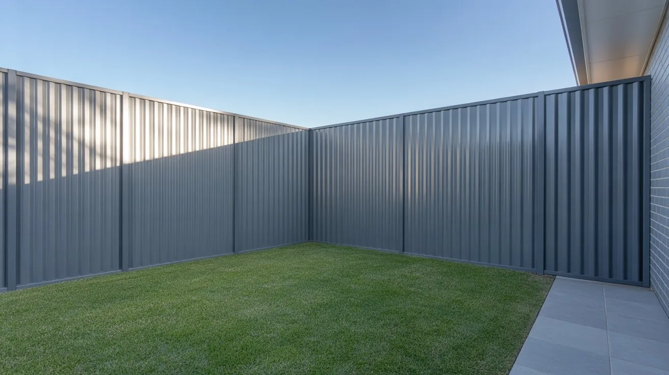 Modern backyard featuring sleek COLORBOND steel fences in grey with a neatly trimmed green lawn and contemporary house exterior under clear blue sky.